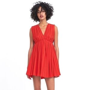 Zara Bright Red Poplin Pleated Tie Back Deep V Neckline Mini Dress Party SM